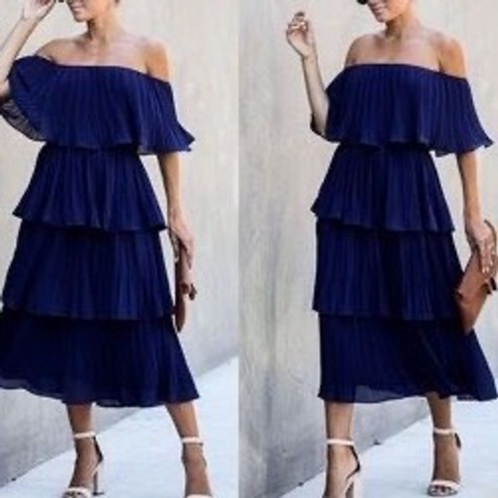 Just Me Navy Blue Off The Shoulder Pleated Tiered Midi Dress Wedding Guest L kk